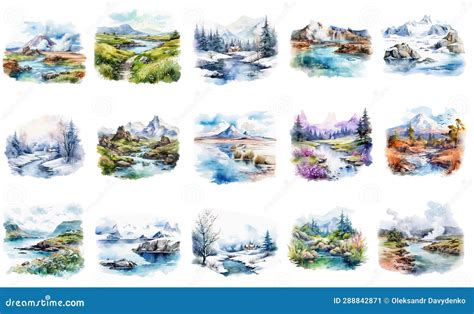 Watercolor Miniatures Set Of Tropical Landscapes Isolated On White