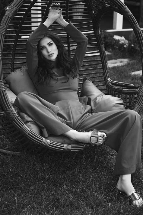 Gorgeous Sensual Brunette Model In Fashion Suit Relaxing With Ho Stock Image Image Of Happy
