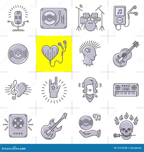 Line Art Music Icons Set Rock Punk Symbols Stock Vector Illustration