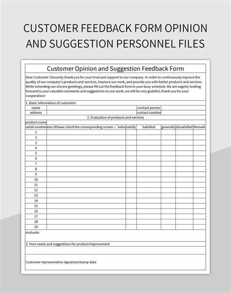 Customer Feedback Form Opinion And Suggestion Personnel Files Excel