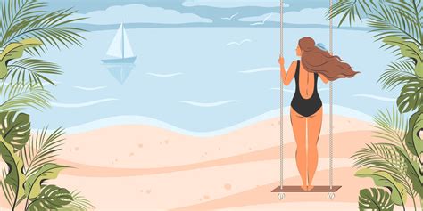 Summer Banner With Bikini Girl On The Beach On The Swing And With Tropical Leaves Vector