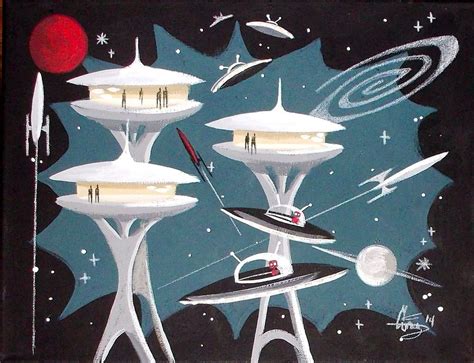 EL GATO GOMEZ PAINTING RETRO 1950S SPACE SHIP SCI FI ROCKET ROBOT