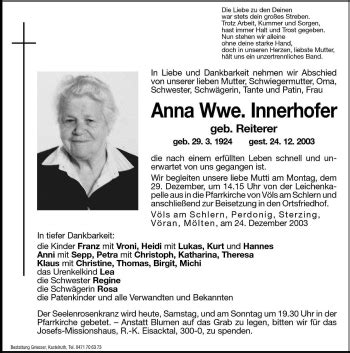 Traueranzeigen Von Anna Innerhofer Trauer Bz