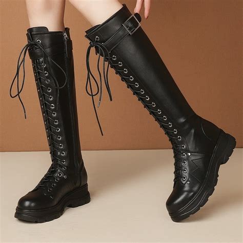 Punk Style Womens Knee High Black Boots Flat Heel Shoes With Zipper