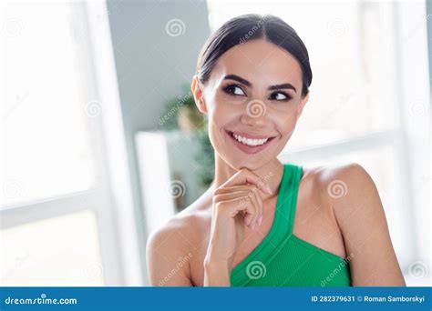 Portrait Of Lovely Pretty Cheerful Lady Hand Touch Chin Toothy Smile