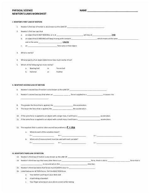 Physical Science Newton S Laws Worksheet Pdf