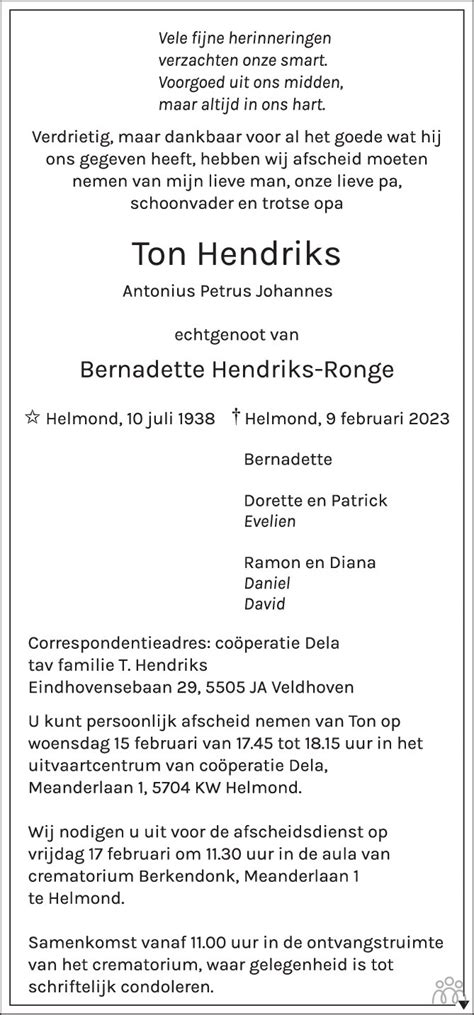 Ton Antonius Petrus Johannes Hendriks 09 02 2023 Overlijdensbericht