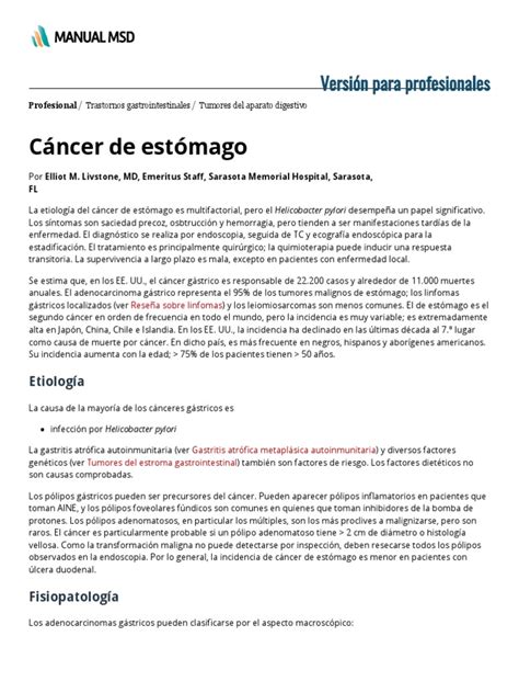 Cáncer De Estómago Trastornos Gastrointestinales Manual Msd Versión Para Profesionales Pdf