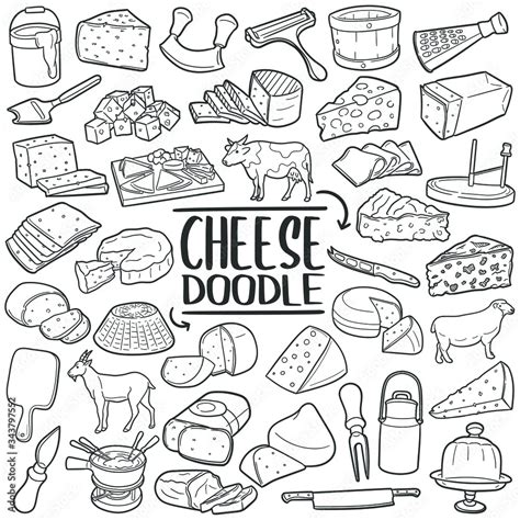 Vetor De Cheese Doodle Icon Set Types Of Cheese And Tools Vector