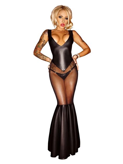 Wet Look Pvc Erotic Leotard Costumes Long Dress Bodycon Clubwear Party