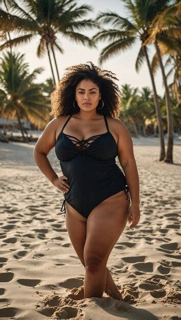A Woman In A Black Bikini Walks Down A Beach Premium AI Generated Image