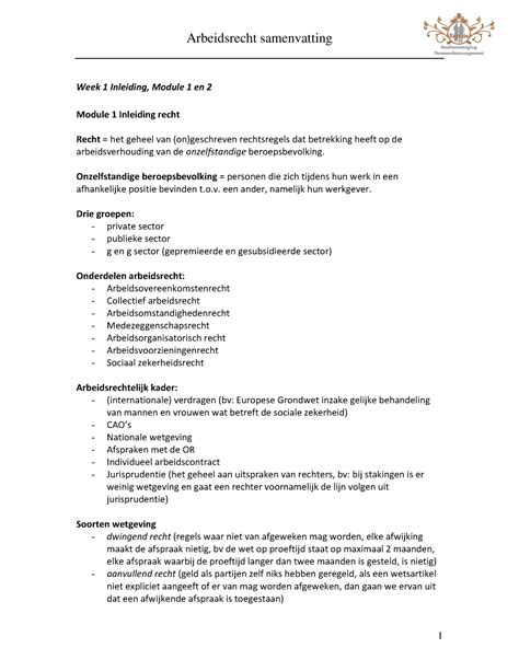 Samenvatting Arbeidsrecht 1 College S Week 1 Inleiding Module 1