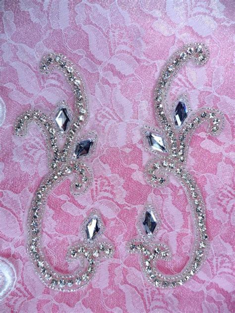 Crystal Rhinestone Appliques Mirror Pair Silver Beaded Bridal Wedding