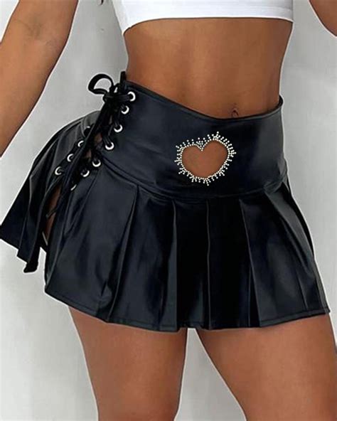 Pu Leather Grommet Eyelet Lace Up Pleated Skirt