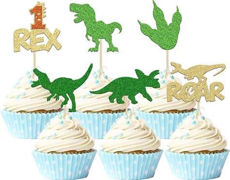 Gyufise Pcs Dinosaur St Birthday Cupcake Toppers Glitter Rex Roar