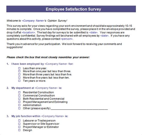 Free Employee Satisfaction Survey Template Word Printable Templates