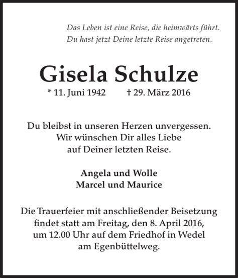 Gisela Schulze Traueranzeige Pinneberger Tageblatt