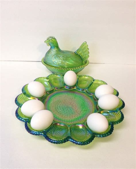 Reserved Vintage Green Iridescent Carnival Glass Egg Tray