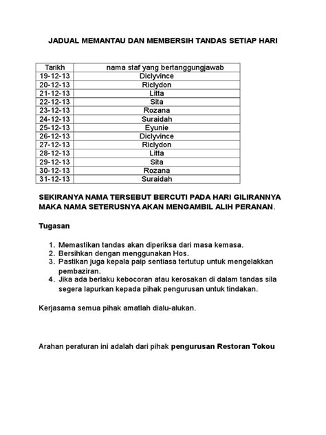 Jadual Memantau Dan Membersih Tandas Setiap Hari Pdf