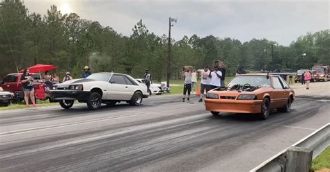 Watch This Fox Body Ford Mustang Avoid A Deadly Collision On The Drag Strip