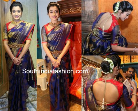 Rashmika Mandanna In A Blue Kanjeevaram Saree At Mugdha Store Launch