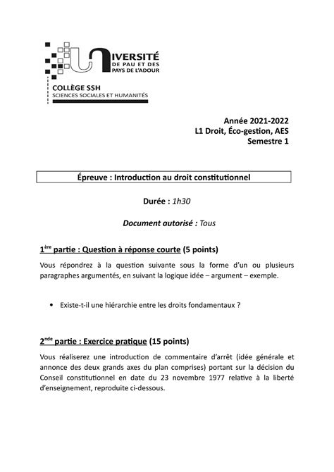 Sujet Examen L1 2021 Année 2021 L1 Droit Éco gestion AES Semestre