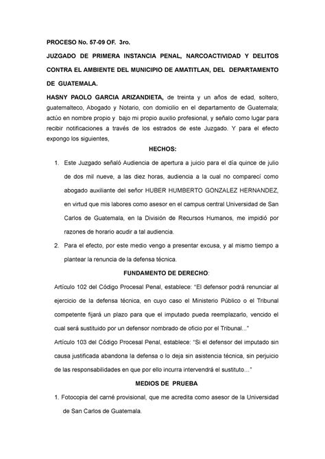 Excusa Por Abandono De Defensa Proceso No Of Ro Juzgado De