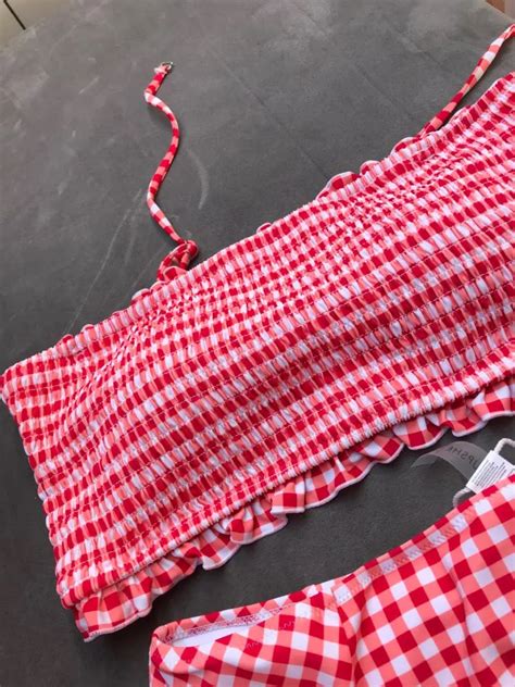 FREE SHIPPING Sexy Red Gingham Smocked Bandeau Bikini Sets JKP Allkpop Shop