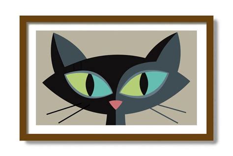 Mid Century Modern Cat Art Atomic Black Cat Wall Art Decor Print Tabby