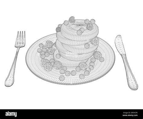 Wireframe Of Cookies With Berries On A Plate With A Spoon And Fork From