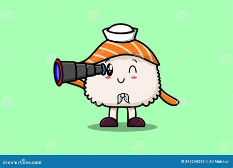 Cute Cartoon Sushi Sailor With Hat Using Binocular Stock Vector