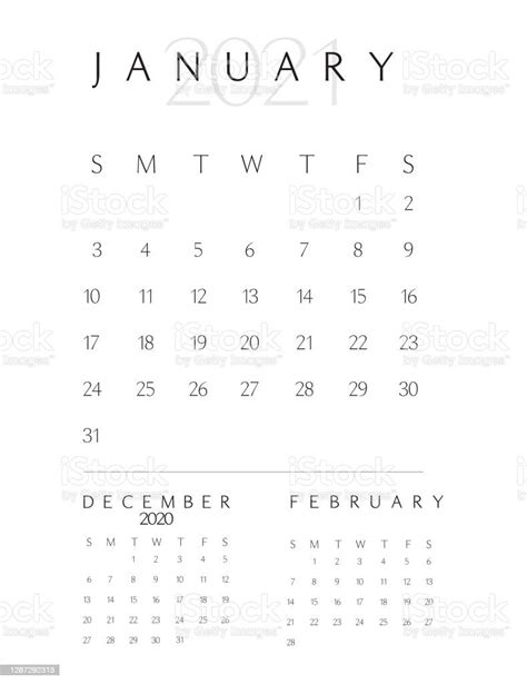 Black And White Simple Vertical 2021 Year Calendar Pad Month Of January