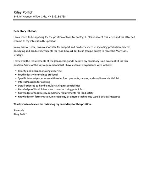 Food Technologist Cover Letter Velvet Jobs