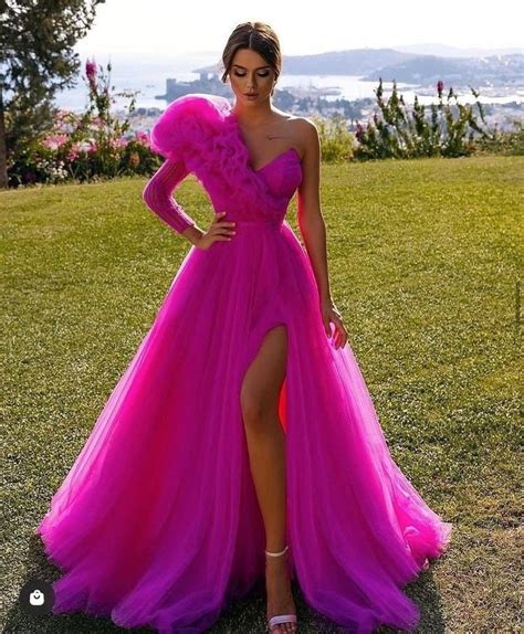 A Line V Neck Hot Pink Tulle Prom Dresses Formal Dresses Psk170