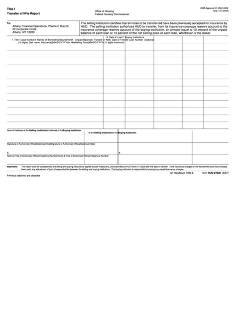 Fillable Form Hud 27030 Transfer Of Note Report Form U S