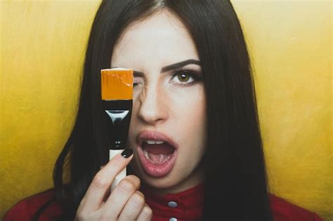 Premium Photo Sexy Pretty Brunette Woman Face With Artist Or Makeup Brush