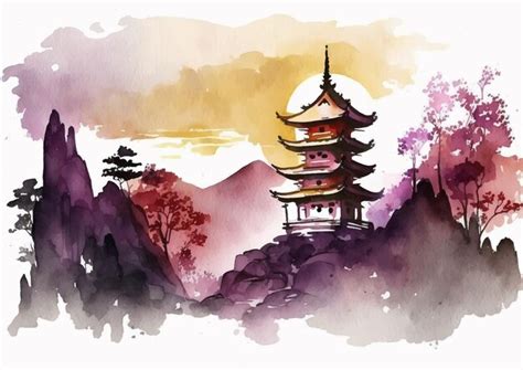 Premium Vector Colorful Watercolor Of Japanese Temple