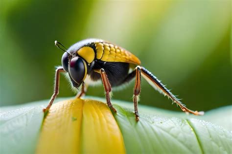 Un Insecto Con Rayas Amarillas Se Sienta En Una Hoja Foto Premium