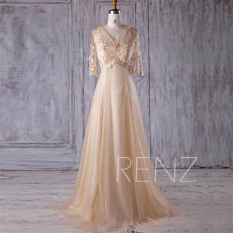 2017 Beige Tulle Bridesmaid Dress V Neck Lace Wedding Dress Long