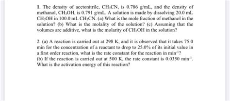 Solved 1 The Density Of Acetonitrile CHCN Is 0 786 G ML Chegg