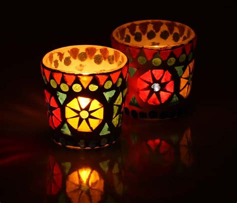 Color Splash 23” Set Of 2 Glass Mosaic Tea Light Holders Multicolor Votive Candle Holders