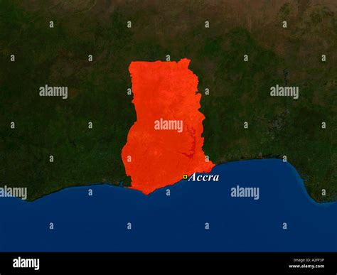 Highlighted Satellite Image Of Ghana With Capital Accra Shown Stock