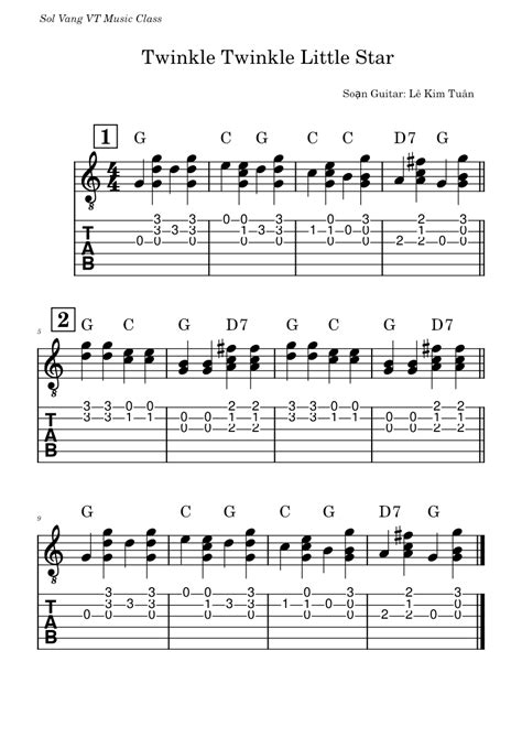 Twinkle Twinkle Little Star Guitar Sheet Music For Guitar Solo