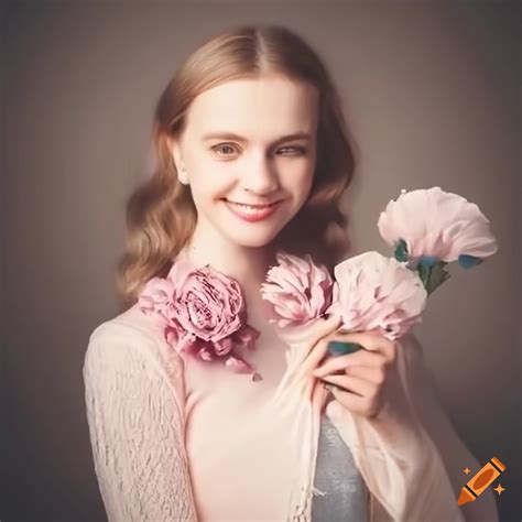 Smiling Russian Woman Holding Pink And Blue Flowers On Craiyon