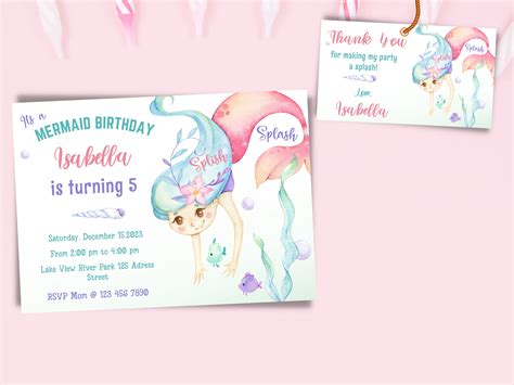 Editable Mermaid Birthday Invitation Printable Mermaid Invitation Template Mermaid Party