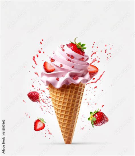 Soft Strawberry Ice Cream Cone With Swirl Splash Realistic Vector Ice