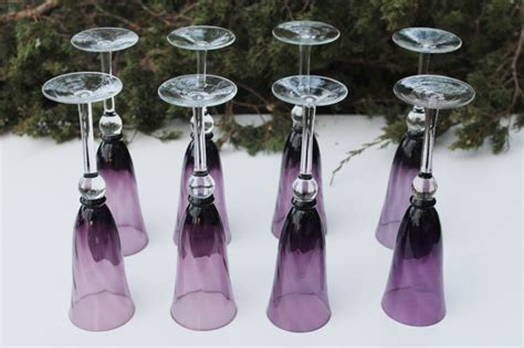 Vintage Hand Blown Glass Champagne Glasses Tall Flutes Clear Stems Amethyst Glass