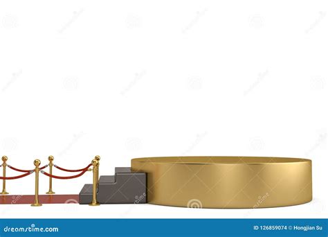 Golden Round Podium With Red Carpet And Barrier Rope On White Ba Stock