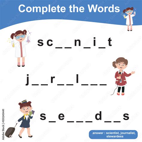Fill In The Missing Letters With Kids Professions Theme Complete The