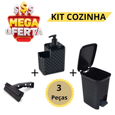 Kit Lixeira Cozinha Litros Rattan C Pedal Porta Detergente